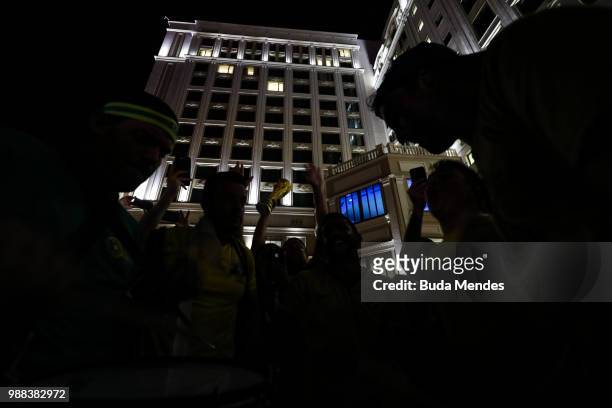Brazilian fans vibrate during the Team Brazil arrival at Lotte Hotel Samara ahead of the Round 16 match against Mexico on July 01, 2018 in Samara,...