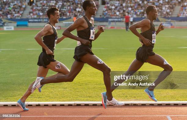 Mikhou Sadik of Bahrain, Aman Wote of Ethiopia, and Ayanieh Souleiman of Djibouti during the Men's 1500m at the Meeting de Paris of the IAAF Diamond...