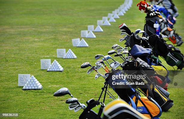 Rows of golf balls and golf bags lay wait on the range at The First Tee of Jacksonville for THE PLAYERS Championship on THE PLAYERS Stadium Course at...