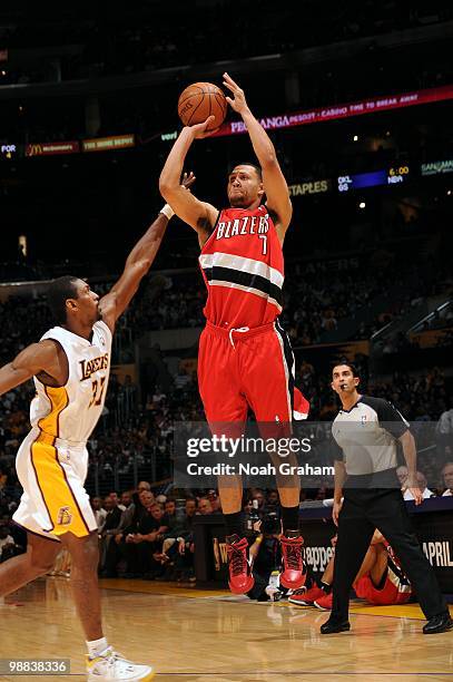 Brandon Roy of the Portland Trail Blazers makes a jumpshot against Ron Artest of the Los Angeles Lakers during the game at Staples Center on April...