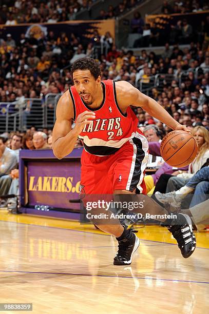 Andre Miller of the Portland Trail Blazers drives to the basket against the Los Angeles Lakers during the game at Staples Center on April 11, 2010 in...