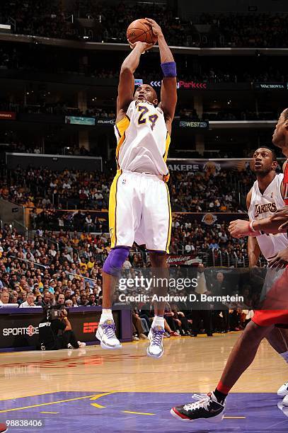 Kobe Bryant of the Los Angeles Lakers shoots against the Portland Trail Blazers during the game at Staples Center on April 11, 2010 in Los Angeles,...