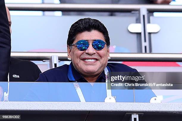 Former Argentina player and manager Diego Maradona looks on during the 2018 FIFA World Cup Russia Round of 16 match between France and Argentina at...