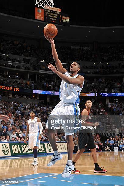 Arron Afflalo of the Denver Nuggets lays up a shot against the Portland Trail Blazers during the game on April 1, 2010 at the Pepsi Center in Denver,...