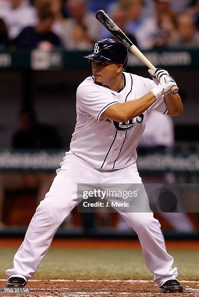 Catcher Dioner Navarro of the Tampa Bay Rays bats against the Kansas City Royals during the game at Tropicana Field on May 1, 2010 in St. Petersburg,...