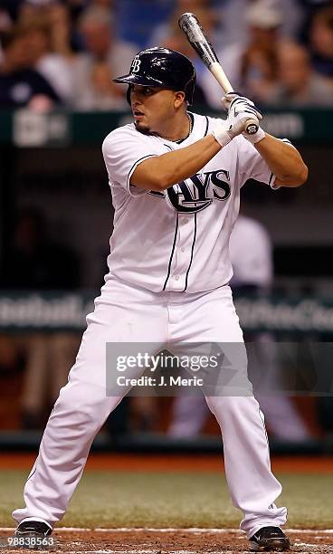 Catcher Dioner Navarro of the Tampa Bay Rays bats against the Kansas City Royals during the game at Tropicana Field on May 1, 2010 in St. Petersburg,...