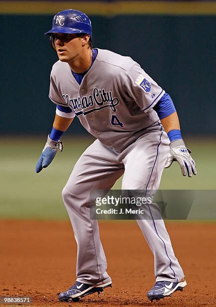 Infielder Alex Gordon of the Kansas City Royals leads off first against the Tampa Bay Rays during the game at Tropicana Field on May 1, 2010 in St....
