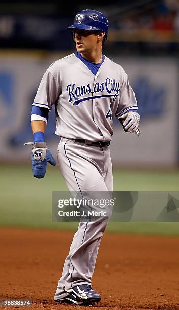 Infielder Alex Gordon of the Kansas City Royals leads off first against the Tampa Bay Rays during the game at Tropicana Field on May 1, 2010 in St....