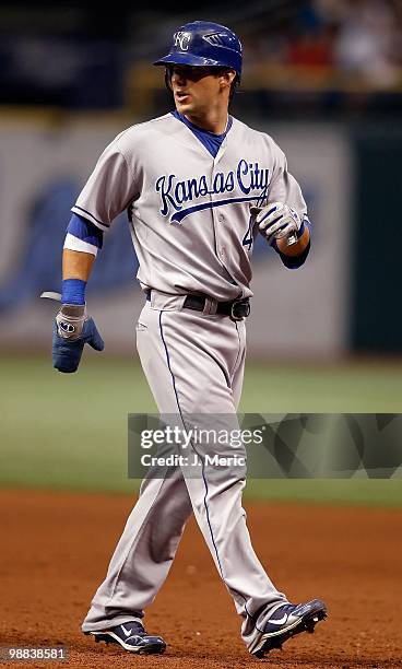 Infielder Alex Gordon of the Kansas City Royals leads off first against the Tampa Bay Rays during the game at Tropicana Field on May 1, 2010 in St....