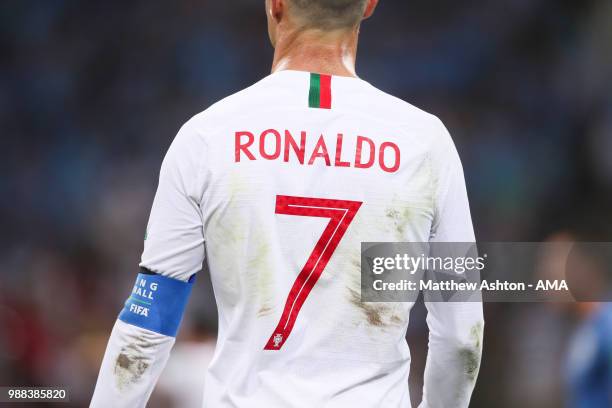 Detail View of the shirt of Cristiano Ronaldo of Portugal during the 2018 FIFA World Cup Russia Round of 16 match between Uruguay and Portugal at...