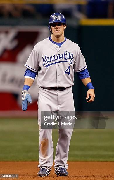 Infielder Alex Gordon of the Kansas City Royals leads off first against the Tampa Bay Rays during the game at Tropicana Field on May 1, 2010 in St....