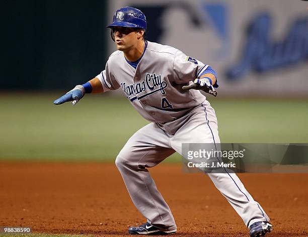 Infielder Alex Gordon of the Kansas City Royals leads off first against the Tampa Bay Rays during the game at Tropicana Field on May 1, 2010 in St....