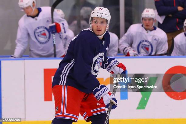 New York Rangers Defenseman Brogan Rafferty during the New York Rangers Prospect Development Camp on June 29, 2018 at the MSG Training Center in New...