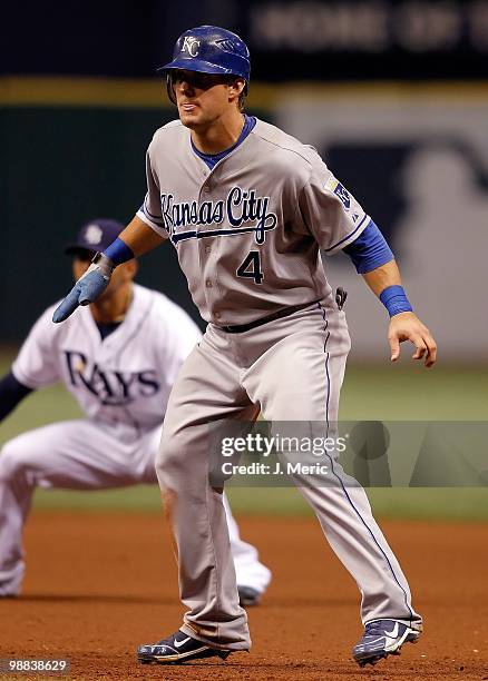 Infielder Alex Gordon of the Kansas City Royals leads off first against the Tampa Bay Rays during the game at Tropicana Field on May 1, 2010 in St....