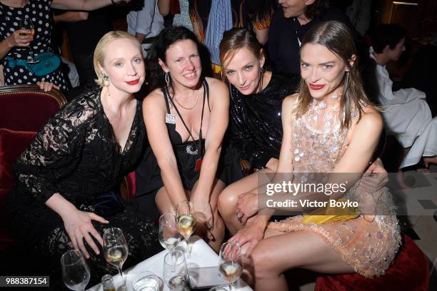 Gwendoline Christie, Katie Grand, Uma Thurman and Jaime King attend Miu Miu 2019 Cruise Collection Show at Hotel Regina on June 30, 2018 in Paris,...