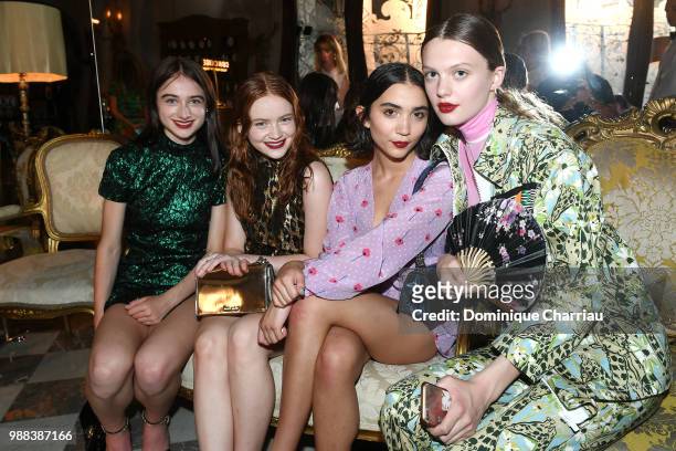 Raffey Cassidy, Sadie Sink and Rowan Blanchard attend Miu Miu 2019 Cruise Collection Party at Hotel Regina on June 30, 2018 in Paris, France.