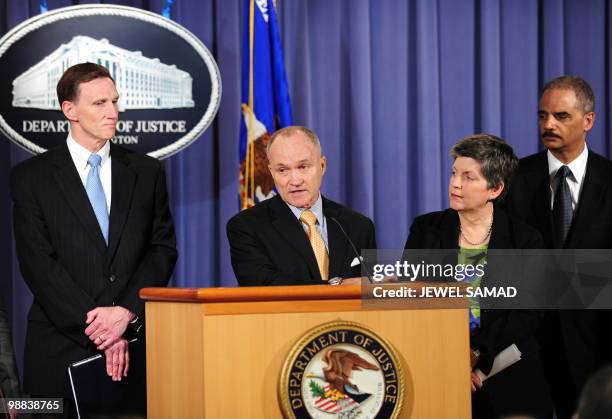Attorney General Eric Holder , Secretary of the Department of Homeland Security Janet Napolitano , Deputy Director of the FBI John S. Pistole look on...