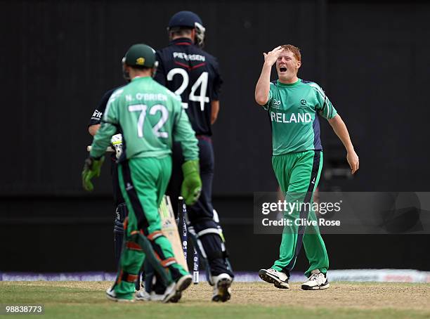 Kevin O'Brien of Ireland celebrates after taking the wicket of Kevin Pieteresen of England during the ICC T20 World Cup Group D match between England...