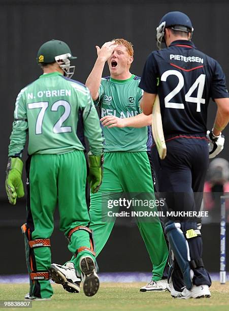 Ireland cricketer Niall O'Brien looks on as teammate Kevin O'Brien recats after taking the wicket of England cricketer Kevin Pietersen during their...