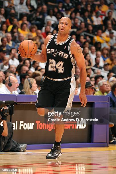 Richard Jefferson of the San Antonio Spurs moves the ball against the Los Angeles Lakers during the game at Staples Center on April 4, 2010 in Los...