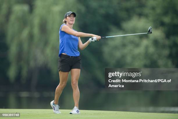 Jaye Marie Green of the US watches her tee shot on the seventh hole during the third round of the 2018 KPMG Women's PGA Championship at Kemper Lakes...