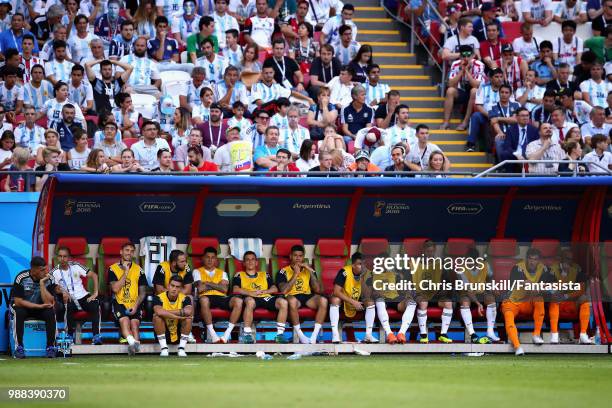 The Argentina substitutes bench looks on during the 2018 FIFA World Cup Russia Round of 16 match between France and Argentina at Kazan Arena on June...