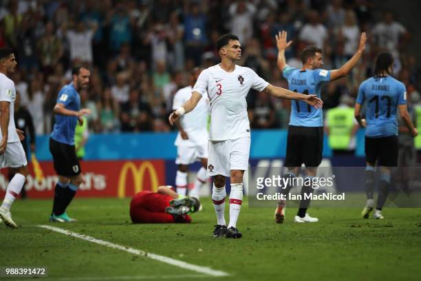 Pepe of Portugal reacts at full time during the 2018 FIFA World Cup Russia Round of 16 match between Uruguay and Portugal at Fisht Stadium on June...