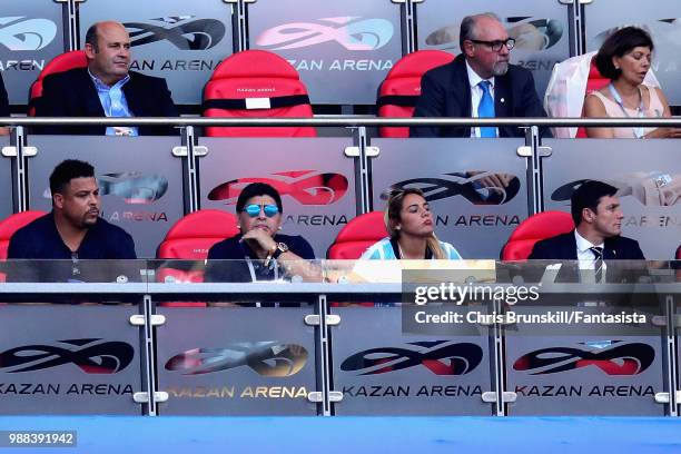 Ronaldo, Diego Maradona his girlfriend Rocio Oliva and Javier Zanetti look on during the 2018 FIFA World Cup Russia Round of 16 match between France...