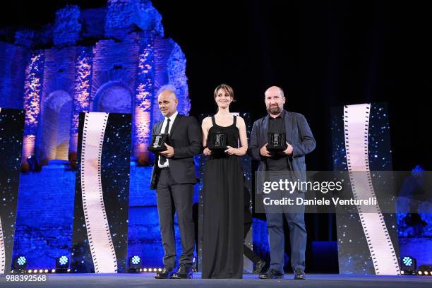 Riccardo Milani, Paola Cortellesi and Antonio Albanese are awarded during the Nastri D'Argento Award Ceremony on June 30, 2018 in Taormina, Italy.