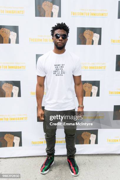 Actor Chadwick Boseman attends 'Families Belong Together - Freedom for Immigrants March Los Angeles' at Los Angeles City Hall on June 30, 2018 in Los...