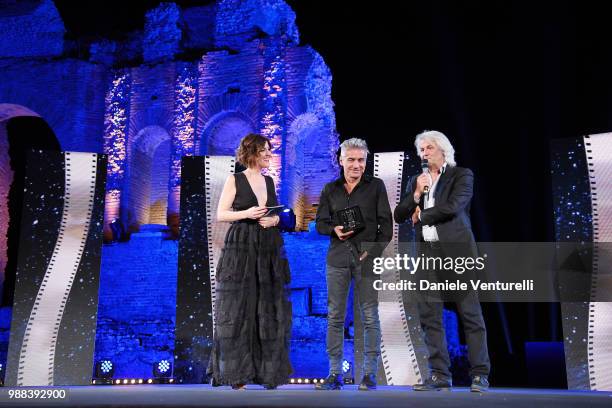 Carlotta Proietti, Luciano Ligabue and Domenico Procacci are awarded during the Nastri D'Argento Award Ceremony on June 30, 2018 in Taormina, Italy.