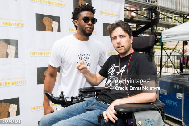 Actor Chadwick Boseman attends 'Families Belong Together - Freedom for Immigrants March Los Angeles' at Los Angeles City Hall on June 30, 2018 in Los...