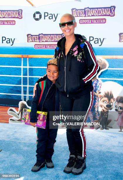 Model Amber Rose and son Sebastian Taylor Thomaz attend the world premiere of "Hotel Transylvania 3: Summer Vacation" on June 30, 2018 in Westwood,...