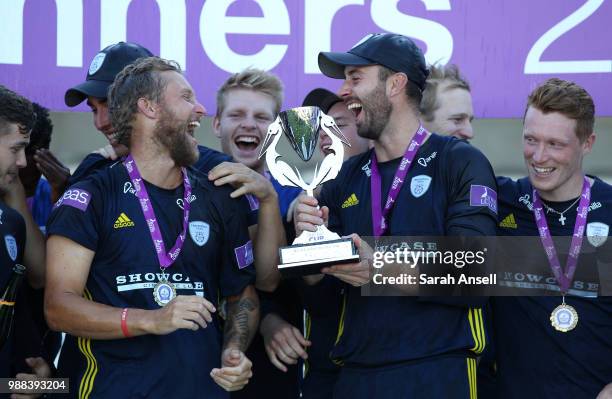 Hampshire captain James Vince and Gareth Berg celebrate winning the Royal London One-Day trophy at the end of the Royal London One-Day final match...