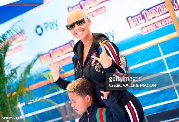 Model Amber Rose and son Sebastian Taylor Thomaz attend the world premiere of "Hotel Transylvania 3: Summer Vacation" on June 30, 2018 in Westwood,...