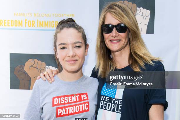 Jaya Harper and actress Laura Dern attend 'Families Belong Together - Freedom for Immigrants March Los Angeles' at Los Angeles City Hall on June 30,...