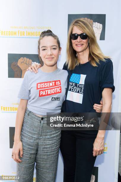 Jaya Harper and actress Laura Dern attend 'Families Belong Together - Freedom for Immigrants March Los Angeles' at Los Angeles City Hall on June 30,...