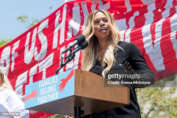 Laverne Cox attends 'Families Belong Together - Freedom for Immigrants March Los Angeles' at Los Angeles City Hall on June 30, 2018 in Los Angeles,...