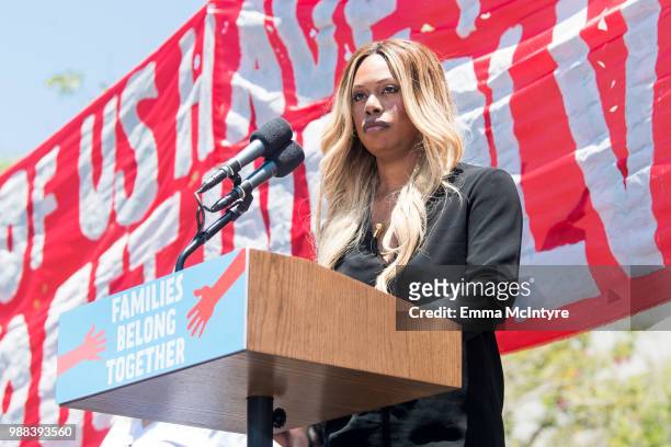 Laverne Cox attends 'Families Belong Together - Freedom for Immigrants March Los Angeles' at Los Angeles City Hall on June 30, 2018 in Los Angeles,...