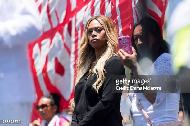 Laverne Cox attends 'Families Belong Together - Freedom for Immigrants March Los Angeles' at Los Angeles City Hall on June 30, 2018 in Los Angeles,...