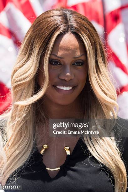 Laverne Cox attends 'Families Belong Together - Freedom for Immigrants March Los Angeles' at Los Angeles City Hall on June 30, 2018 in Los Angeles,...