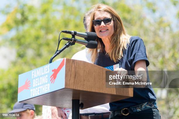 Actress Laura Dern attends 'Families Belong Together - Freedom for Immigrants March Los Angeles' at Los Angeles City Hall on June 30, 2018 in Los...