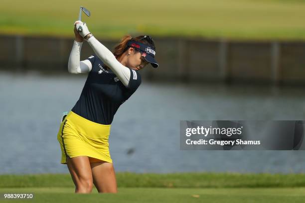 So Yeon Ryu of Korea hits her tee shot on the 17th hole during the final round of the 2018 KPMG PGA Championship at Kemper Lakes Golf Club on June...