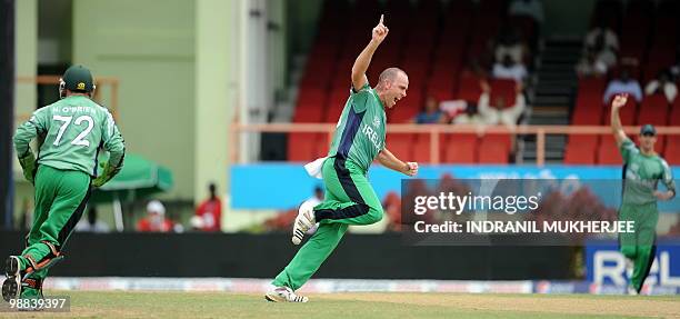 Ireland cricketers Niall O'Brien and Trent Johnston celebrate the wicket of England cricketer Paul Collingwood during their match in the ICC World...