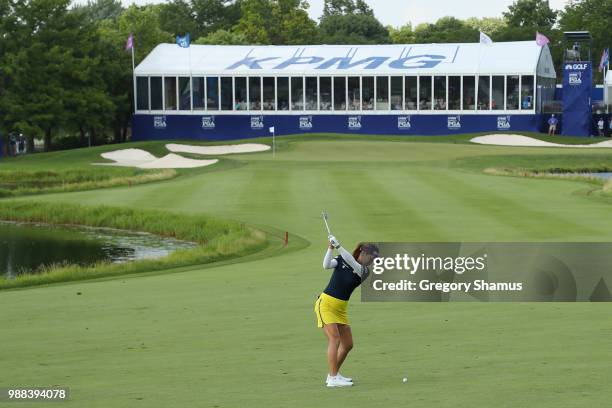 So Yeon Ryu of Korea hits her second shot on the 18th hole during the final round of the 2018 KPMG PGA Championship at Kemper Lakes Golf Club on June...