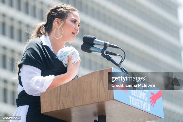 Chrissy Teigen speaks onstage at 'Families Belong Together - Freedom for Immigrants March Los Angeles' at Los Angeles City Hall on June 30, 2018 in...