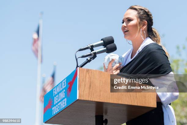 Chrissy Teigen speaks onstage at 'Families Belong Together - Freedom for Immigrants March Los Angeles' at Los Angeles City Hall on June 30, 2018 in...