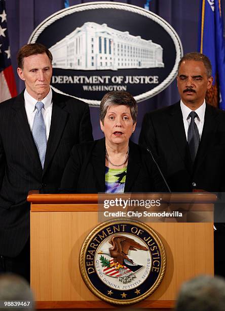 Secretary of the Department of Homeland Security Janet Napolitano answers reporters' questions during a press conference with U.S. Attorney General...