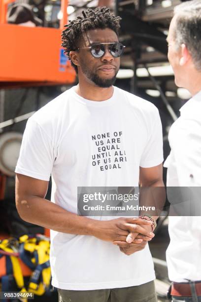 Actor Chadwick Boseman attends 'Families Belong Together - Freedom for Immigrants March Los Angeles' at Los Angeles City Hall on June 30, 2018 in Los...