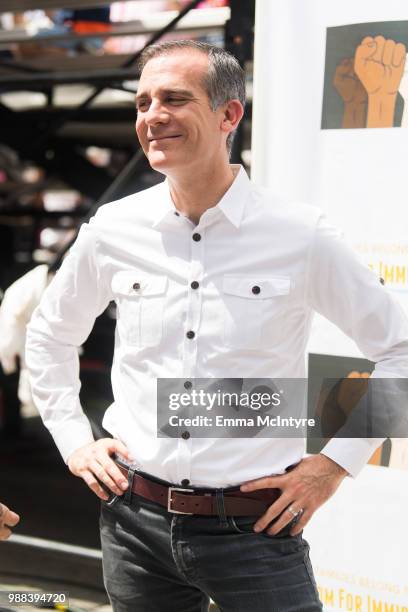 Mayor Eric Garcetti attends 'Families Belong Together - Freedom for Immigrants March Los Angeles' at Los Angeles City Hall on June 30, 2018 in Los...
